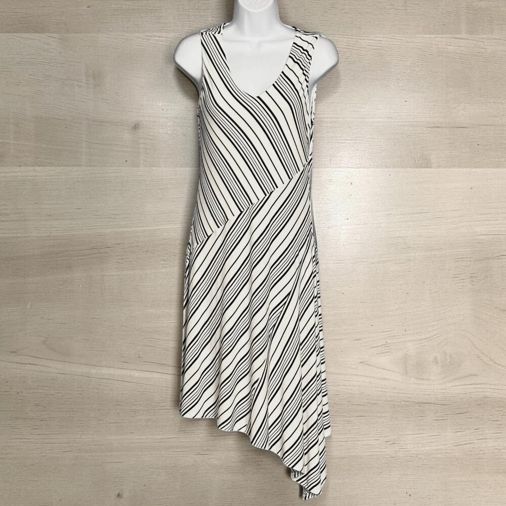 Soma Soft Jersey Asymmetrical Hem Midi Dress Size S Navy White Amity Stripe